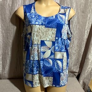 Allison Daley Top Sleeveless Blouse 3X  Blue Tan Stretchy Patchwork Pullover